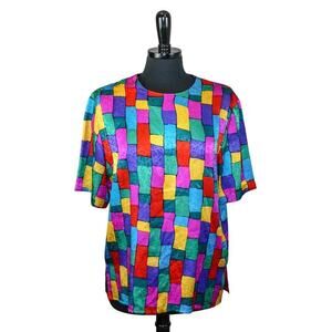 Vintage Galinda Silk Blouse Short Sleeve Multicolor Rainbow Abstract L